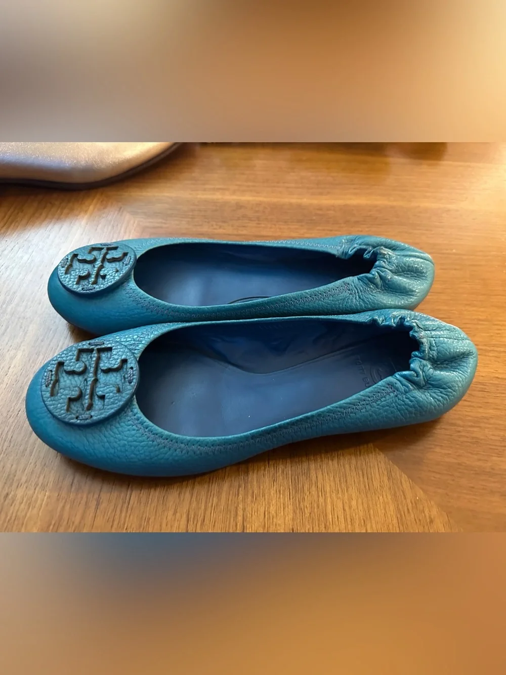 Tory Burch Teal Leather Logo Ballet Flats with Double-T Logo 8